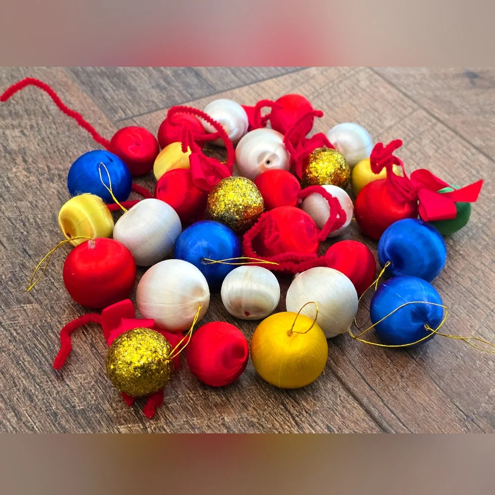 30 Vintage Miniature Satin Silk and Glitter Christmas Tree Ornaments Balls